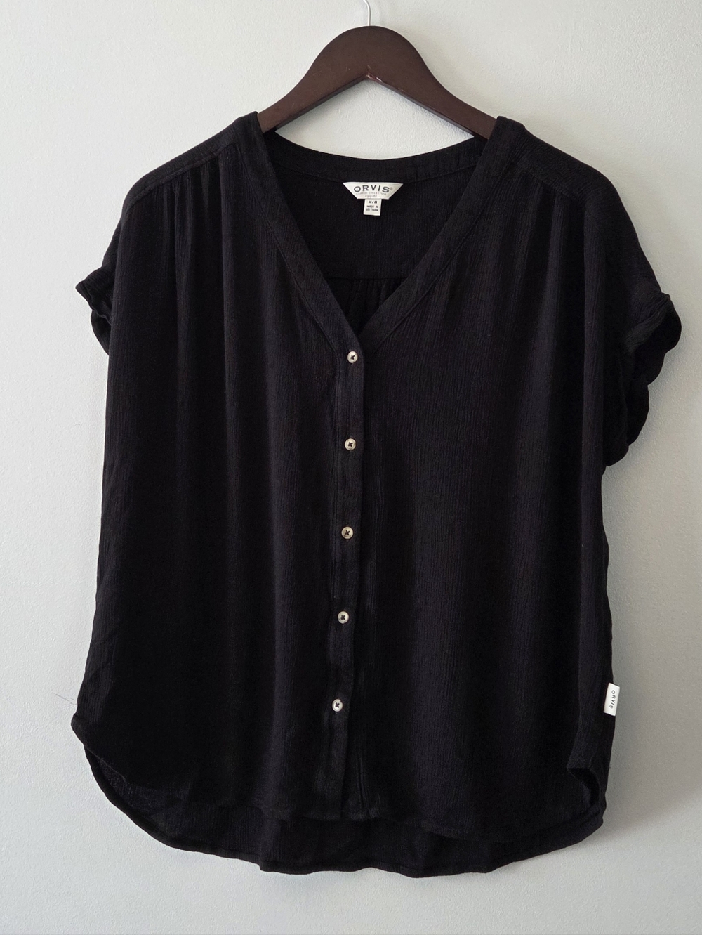 Orvis Black Short-Sleeve Button Front V-Neck Blouse Size M
